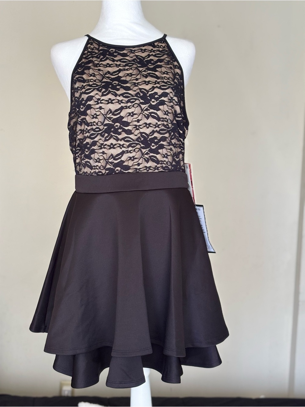 Emerald Sundae Black Lace Fit and Flare Knee length Dress